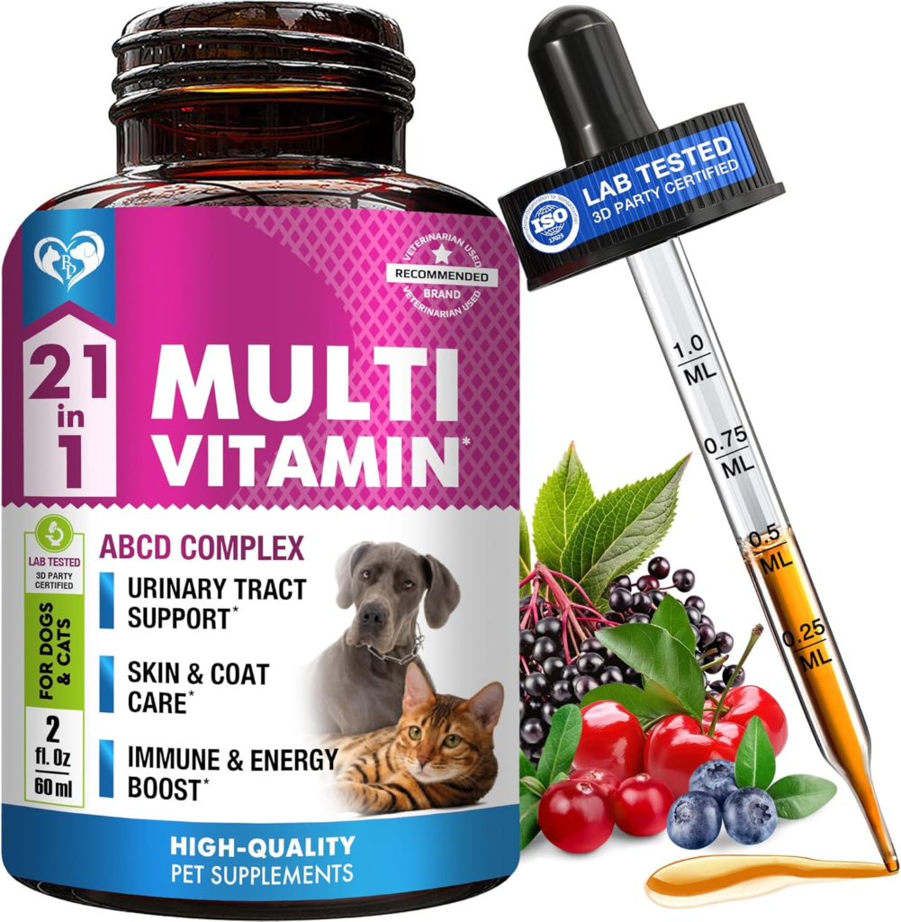 Amazon Cat & Dog Multivitamin Liquid with Glucosamine & Cranberry | 21 in 1 Health Supplements for Urinary Tract Kidney, Bladder, Hip & Joint, Skin & Coat | Natural UTI Medicine (60 ml) - Review and Buying Guide