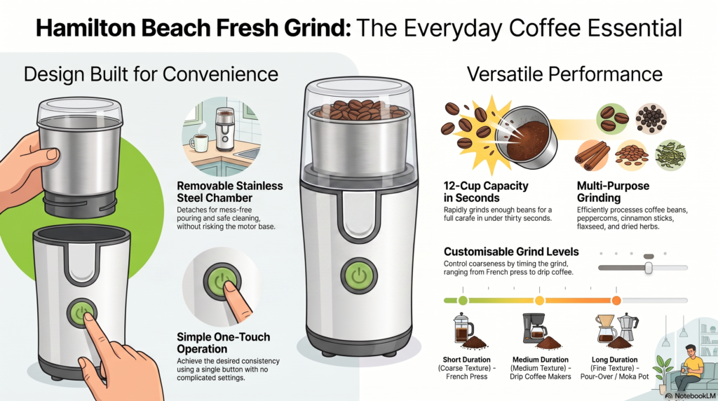 Hamilton Beach Fresh Grind Electric Coffee Grinder for Beans, Spices and More, Stainless Steel Blades, Removable Chamber, Makes up to 12 Cups, Black - Review and Buying Guide